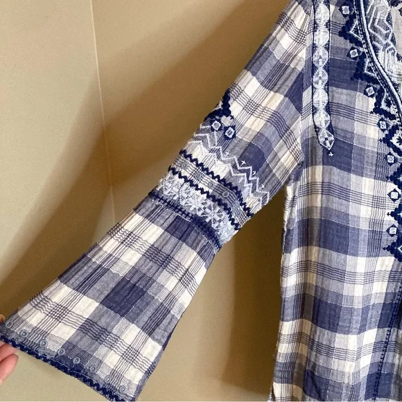 Johnny Was Simonee Flare Sleeve Blouse Plaid Geometric Embroidery Blue Size XS